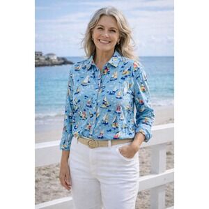 J. McLaughlin Blue Sailboat Print Button Down Shirt Large Coastal Nautical EUC